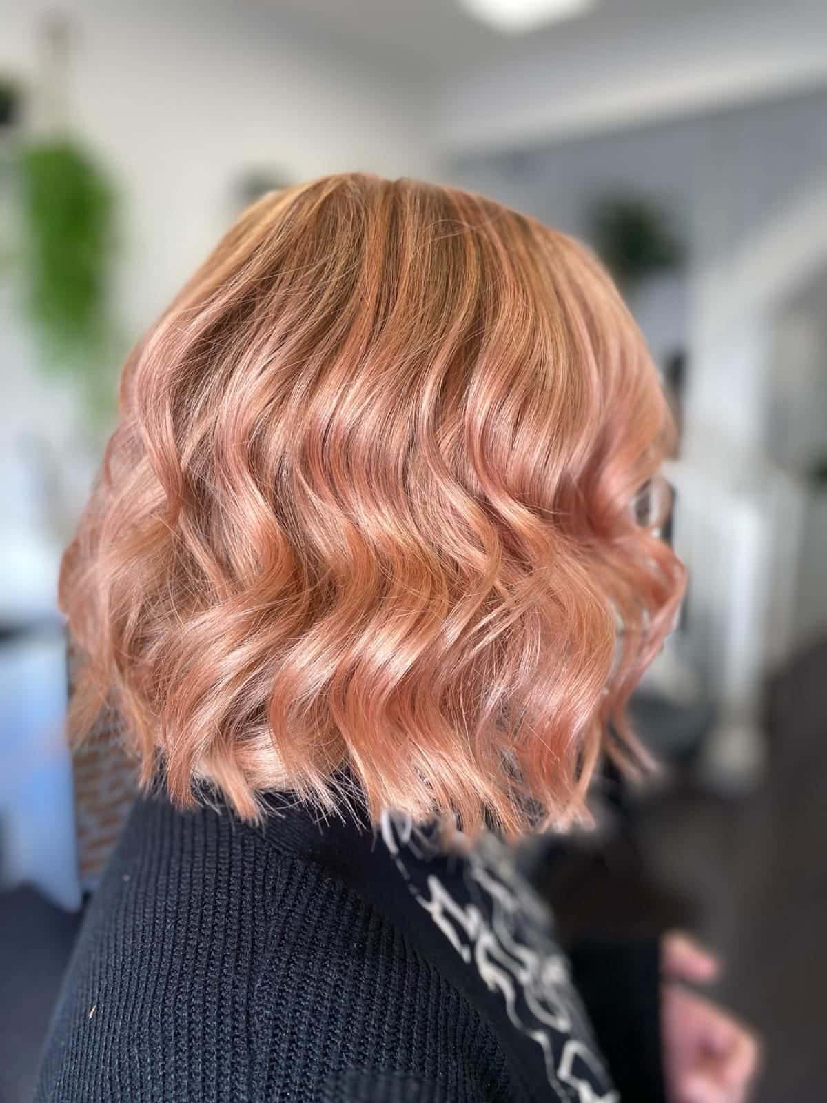Rose gold lob haircut and colour at The Establishment Hairdressing, Farnham