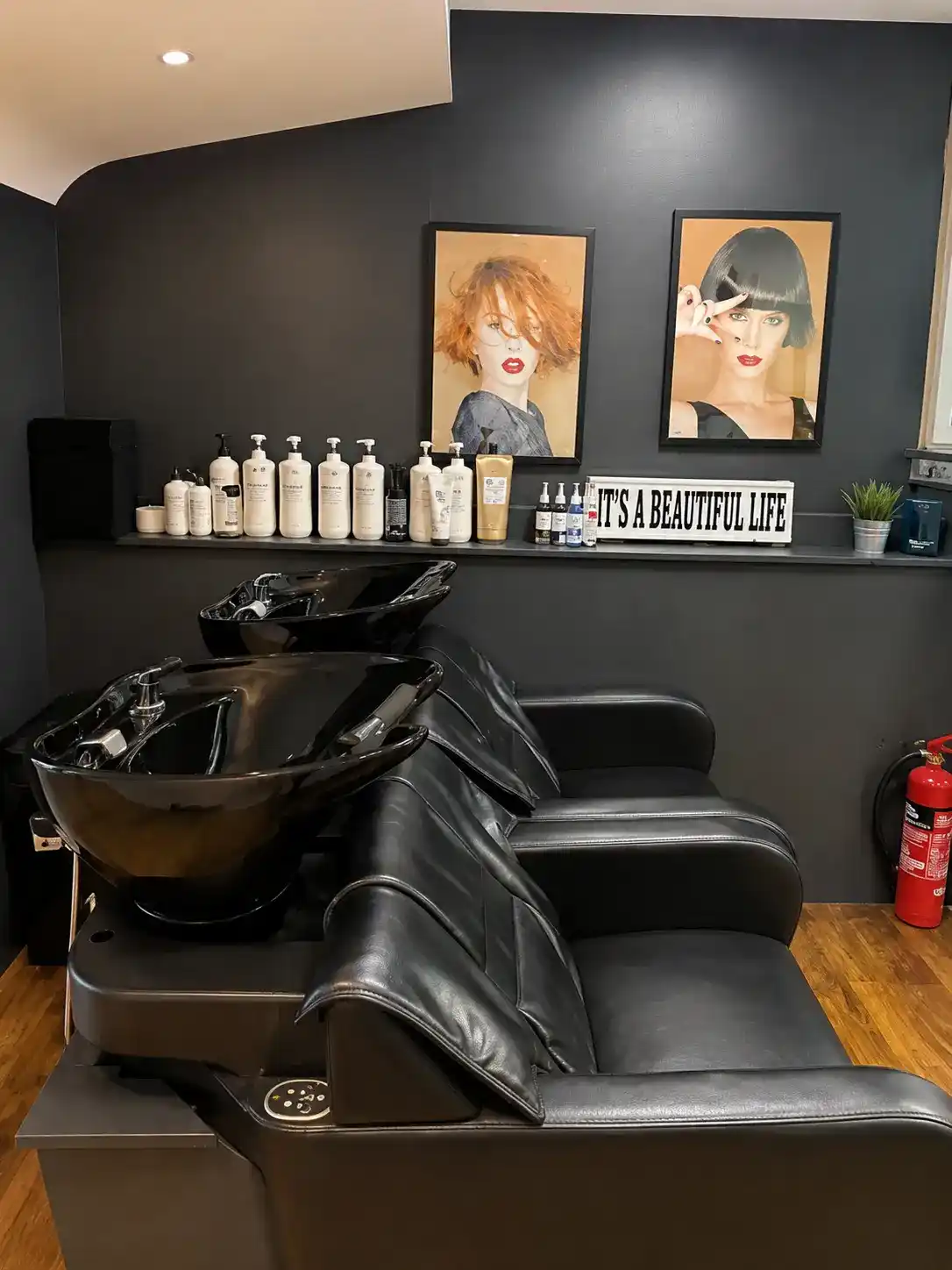 Backwash hair wash stations at The Establishment Hairdressing Farnham · dark walls, It's a Beautiful Life sign, editorial portraits